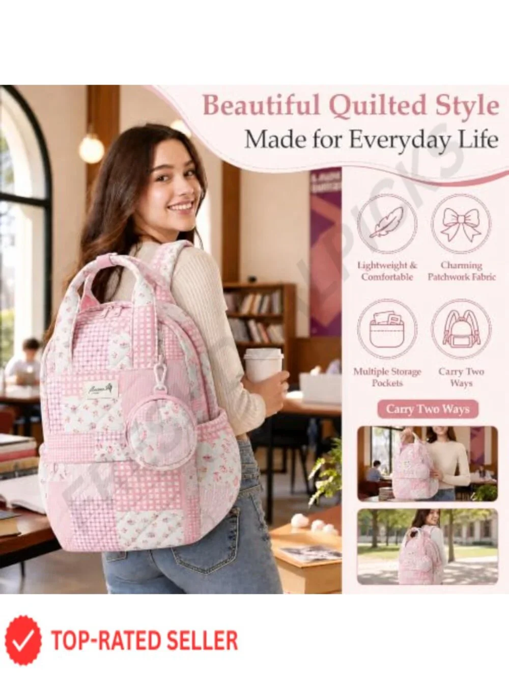 Quilted Backpack Purse for Women, Cute Cotton Mini Backpack, Multi-Pocket